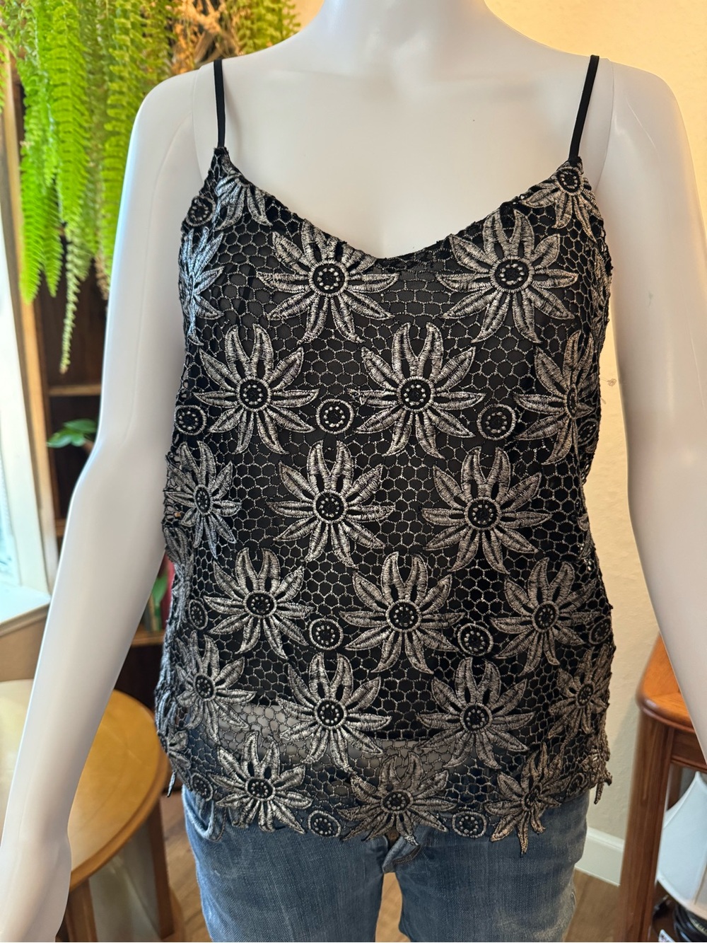 Astr Black Lace Camisole with Silver Floral Embroidery